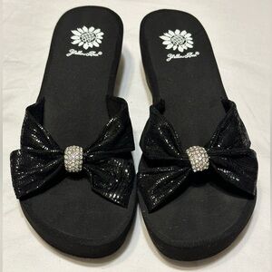 New yellow box black slip on sandals slides women 7 rhinestone puffy strap wedge